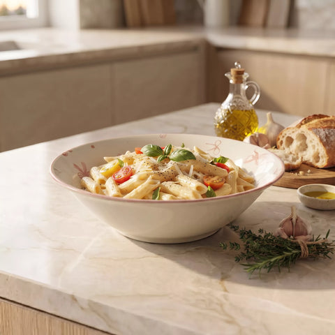 A large cream-colored ceramic bowl with a delicate pink floral pattern, filled with penne pasta and topped with fresh basil, set on a light marble kitchen countertop with garlic, olive oil, and bread in the background.