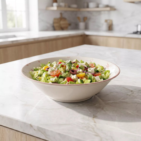 A large cream-colored ceramic salad bowl with a delicate pink floral rim, filled with a fresh Mediterranean salad, set on a white marble kitchen countertop.