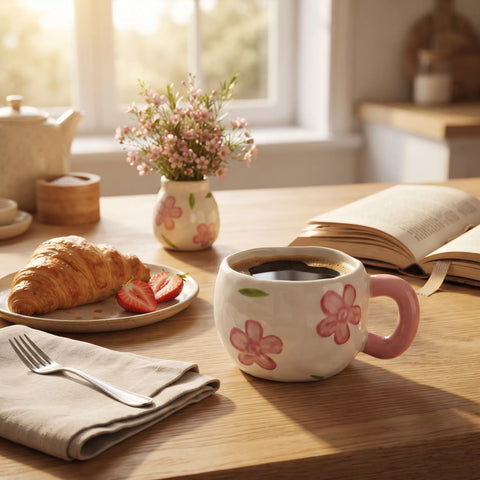 Pink Floral Ceramic Mug with Round Handle – 300 ml