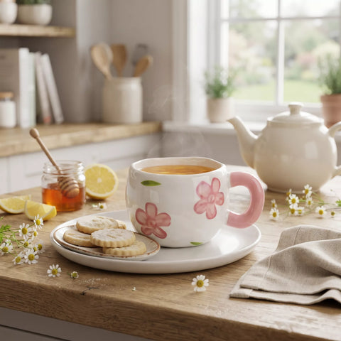 Pink Floral Ceramic Mug with Round Handle – 300 ml