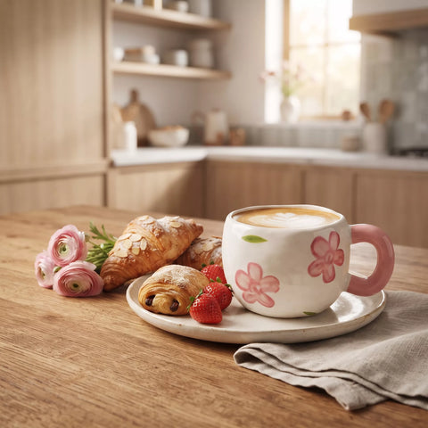 Pink Floral Ceramic Mug with Round Handle – 300 ml