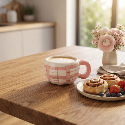 Pink Plaid Ceramic Mug – 300 ml