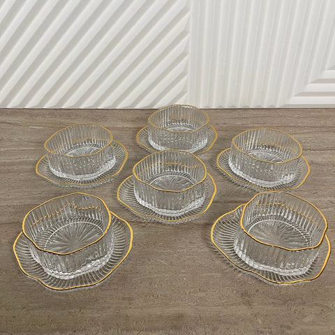 Gold Rim Glass Serving Bowl Set with Saucers – 12 Pieces