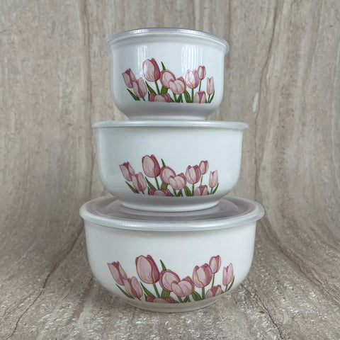Ceramic Food Storage Bowl Set with Airtight Lids – Tulip Design – 3 Pieces
