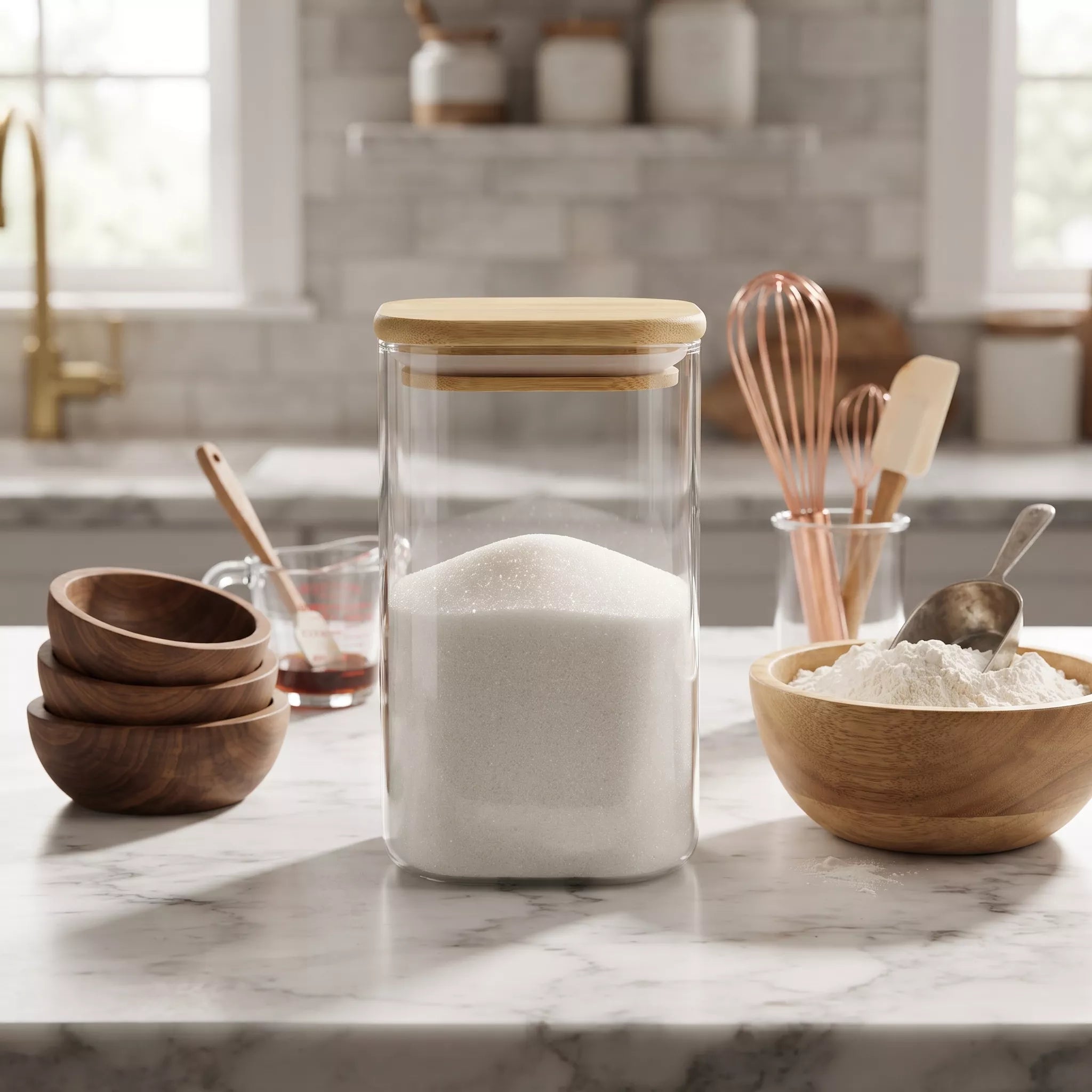 A clear glass canister with a light wood lid stands on a marble kitchen counter, filled with white sugar. Surrounding it are wooden bowls, a whisk, a spoon, and flour in a bowl, with a softly blurred kitchen background.