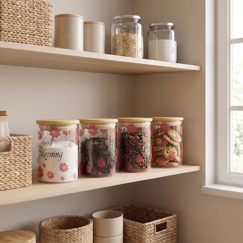 Four clear glass canisters with light wood lids and pink floral labels are arranged on wooden shelves next to a window. The canisters contain various dry goods like coffee, tea, cookies, and grains.