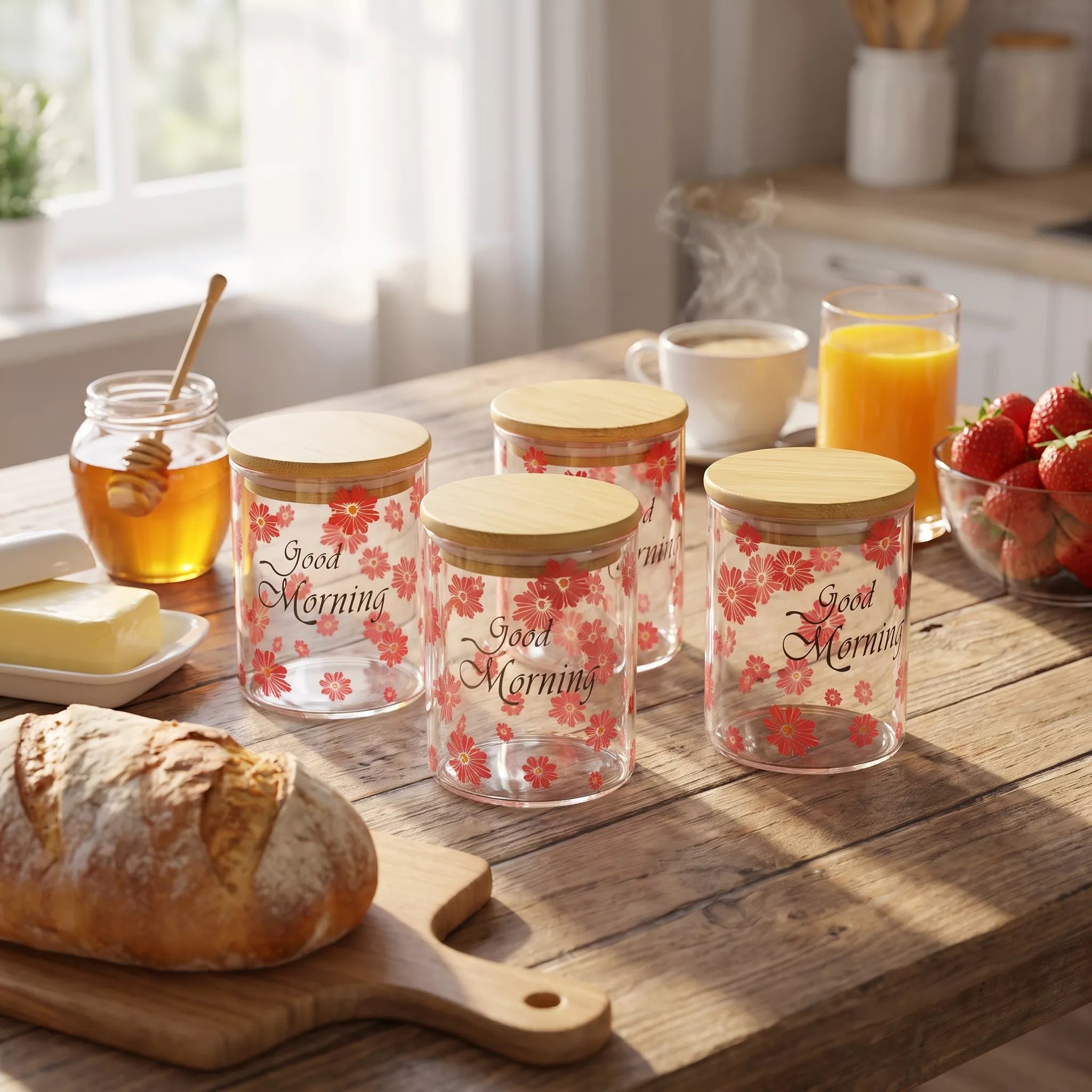 Four clear glass canisters with light wood lids and a red floral print reading 'Good Morning' are arranged on a wooden table in a kitchen setting with bread, honey, coffee, orange juice, and strawberries.