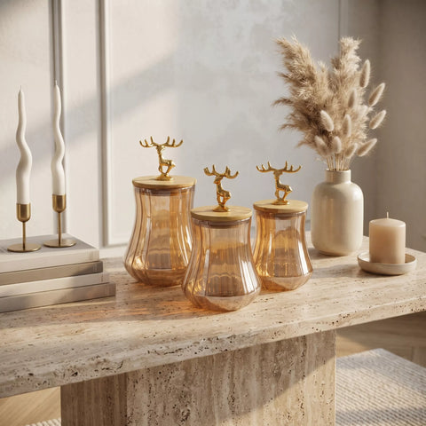 3-Piece Ribbed Glass Storage Jar Set with Bamboo Lids & Gold Deer Handles