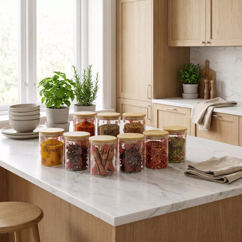 A set of clear glass canisters with light wood lids arranged on a white marble kitchen island in a bright, modern kitchen.