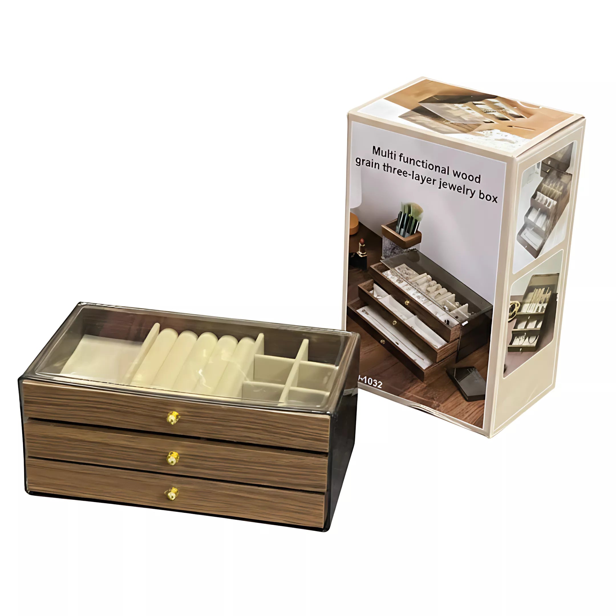 بوكس تنظيم مجوهرات 3 أدوار بغطاء أكريليك شفاف وتصميم خشبي أنيق – 3 tier jewelry organizer with clear acrylic lid