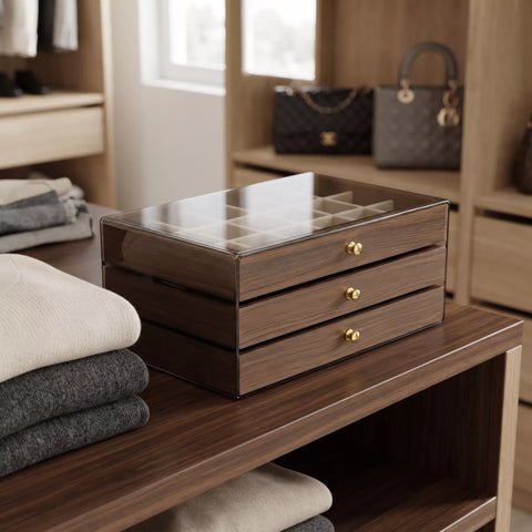 A dark brown wooden drawer organizer with a clear glass top and three drawers with gold knobs, styled on a wooden shelf next to folded clothing.