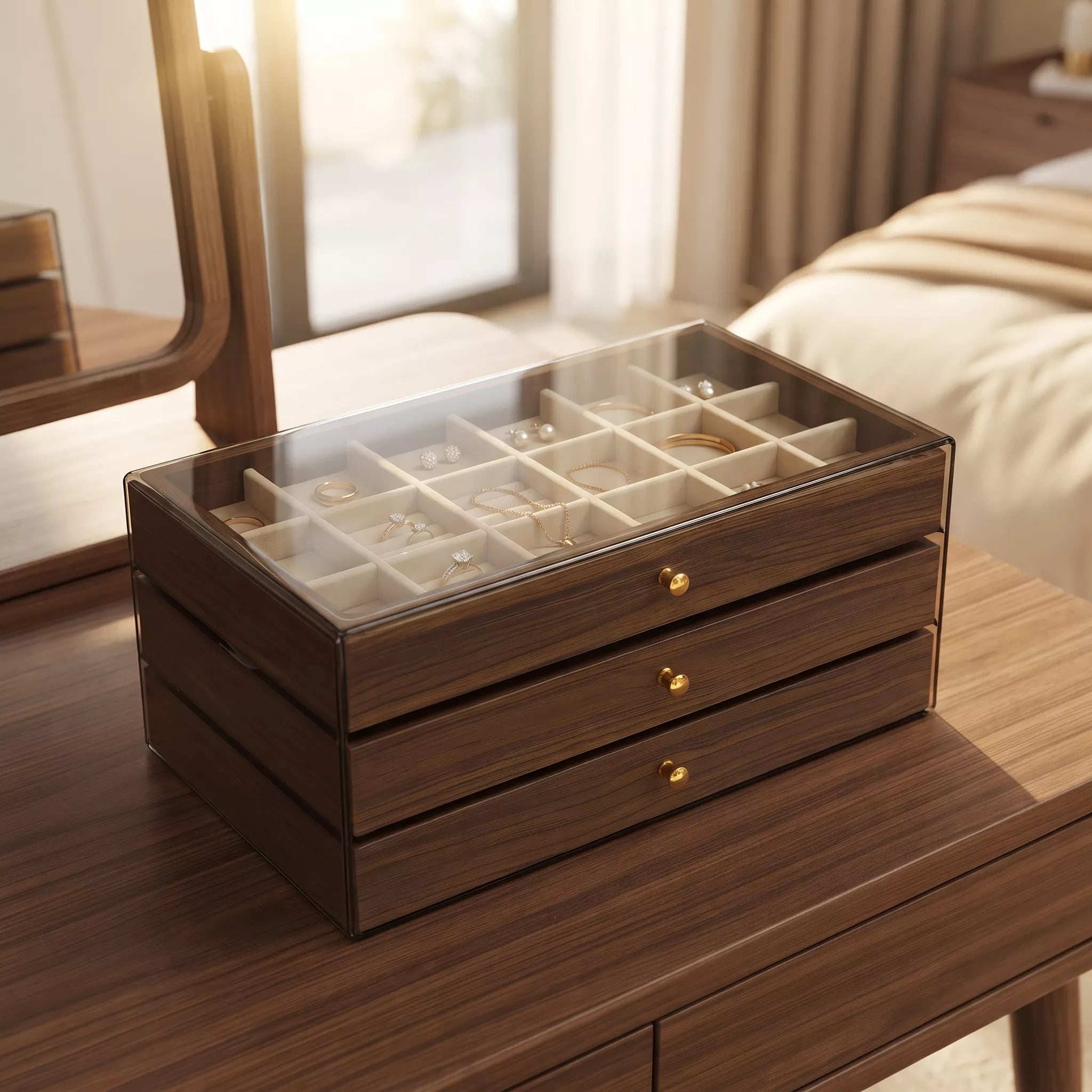 A dark brown wooden jewelry organizer box with three drawers and a clear glass top displaying rings and earrings, set on a wooden table in a softly lit bedroom.