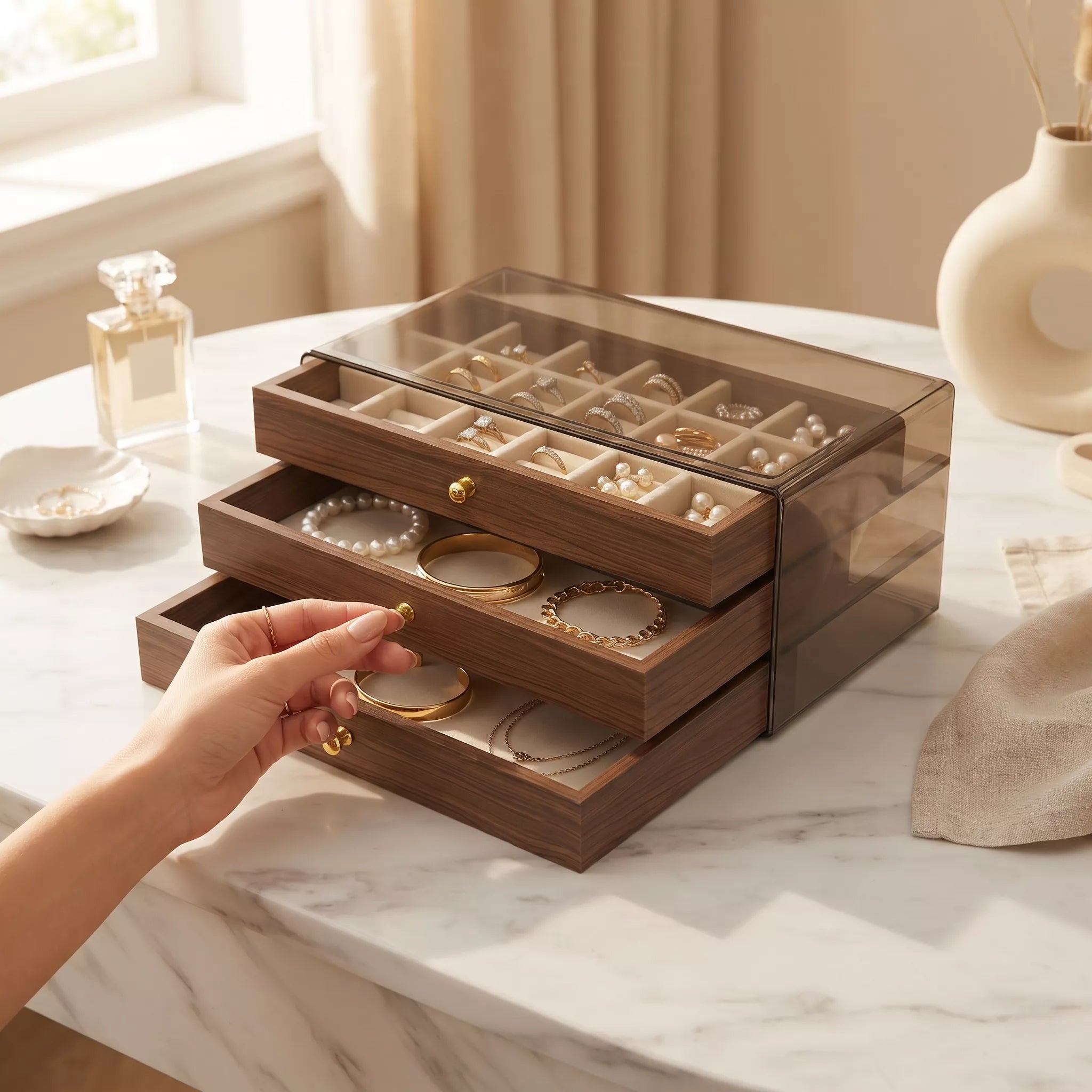 A wooden jewelry organizer with a transparent lid and three drawers, shown on a marble table with a hand opening the bottom drawer. The organizer contains rings, earrings, and bracelets.