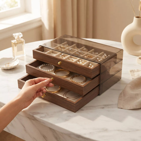 A wooden jewelry organizer with a transparent lid and three drawers, shown on a marble table with a hand opening the bottom drawer. The organizer contains rings, earrings, and bracelets.