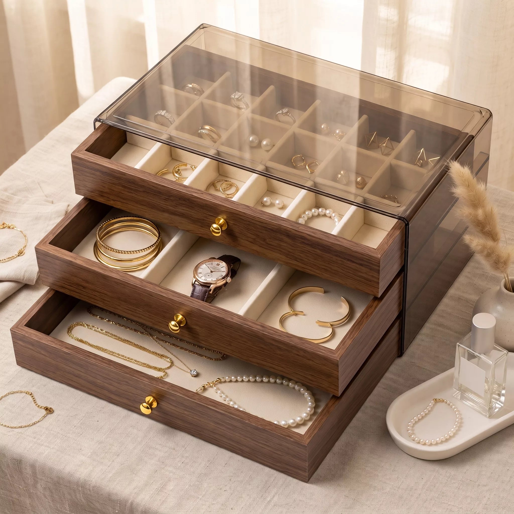 A three-tier wooden jewelry organizer with a clear glass top lid, shown open to display compartments filled with rings, bracelets, necklaces, and a watch on a light beige tablecloth.