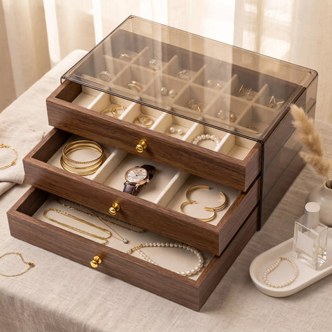 A three-tier wooden jewelry organizer with a clear glass top lid, shown open to display compartments filled with rings, bracelets, necklaces, and a watch on a light beige tablecloth.