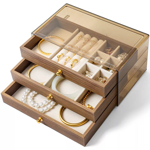 تشطيب خشبي أنيق مع مقابض ذهبية فاخرة – elegant wood finish jewelry organizer with gold handles