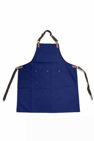 مريلة مطبخ قماش ثقيل لون كحلي بتصميم عملي – Navy heavy-duty fabric kitchen apron with adjustable straps and front pockets