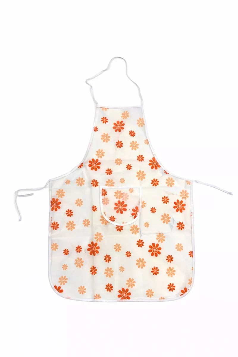 مريلة مطبخ بنقشة زهور برتقالية وتصميم عملي – Kitchen apron with orange floral pattern and front pocket