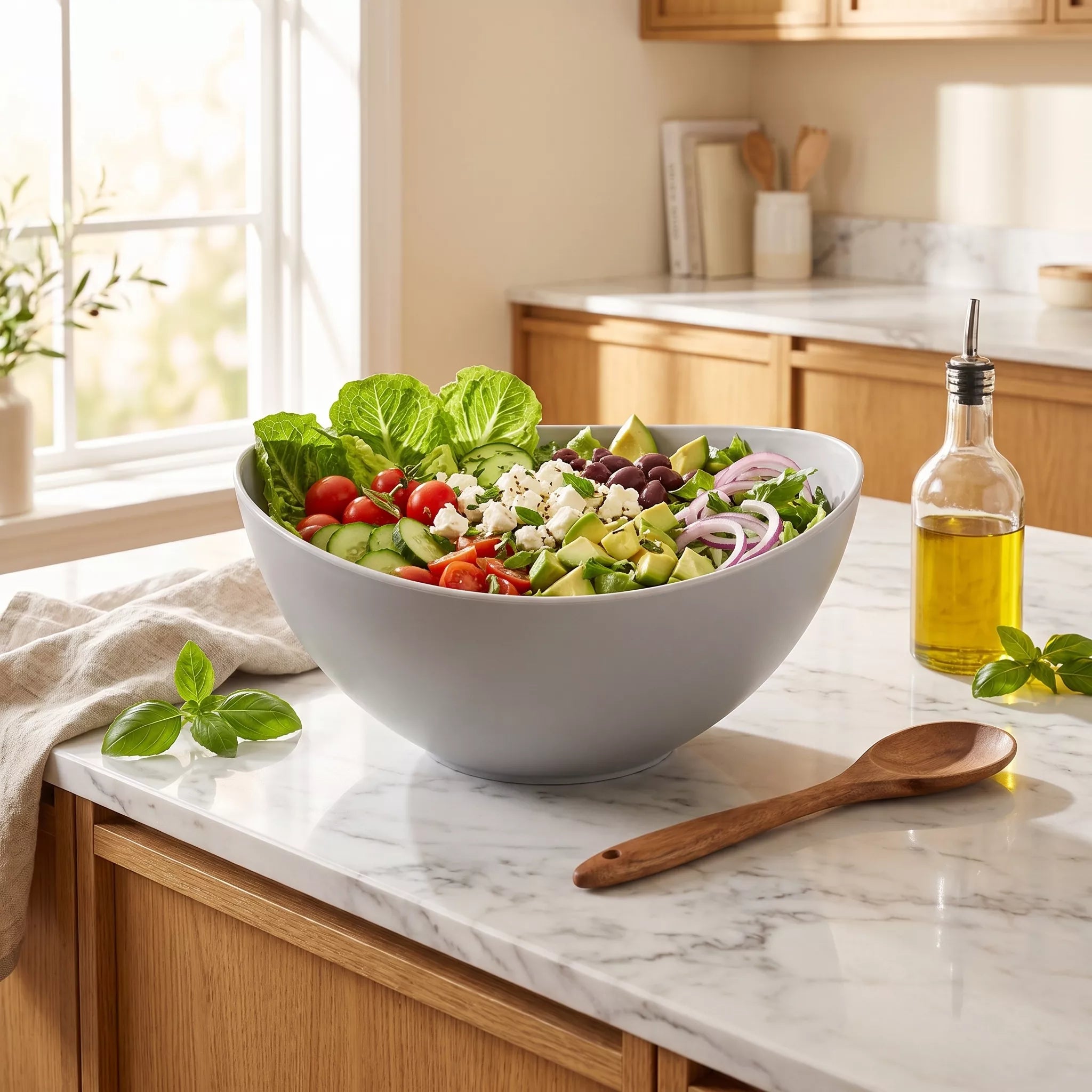 A large light gray salad bowl filled with fresh greens, tomatoes, avocado, red onion, and crumbled cheese sits on a marble kitchen countertop. A wooden spoon, a bottle of olive oil, and basil leaves are arranged around it in a bright, modern kitchen setting.