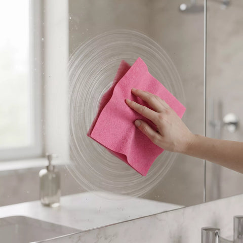 A hand holding a pink microfiber cloth wipes a glass bathroom mirror, leaving circular cleaning marks visible on the surface.