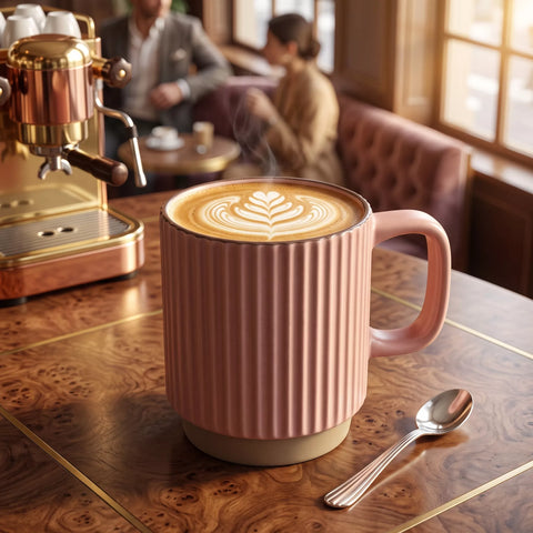 Ribbed Ceramic Mug Set with Metal Stand – 4 Pieces