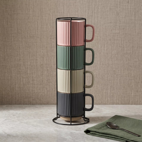 Ribbed Ceramic Mug Set with Metal Stand – 4 Pieces