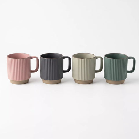 Ribbed Ceramic Mug Set with Metal Stand – 4 Pieces