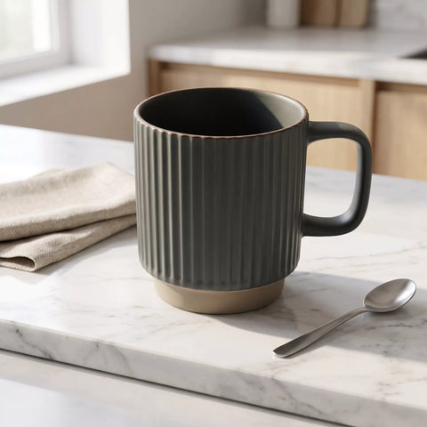 Ribbed Ceramic Mug Set with Metal Stand – 4 Pieces