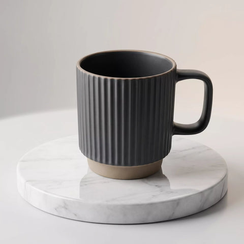 Ribbed Ceramic Mug Set with Metal Stand – 4 Pieces