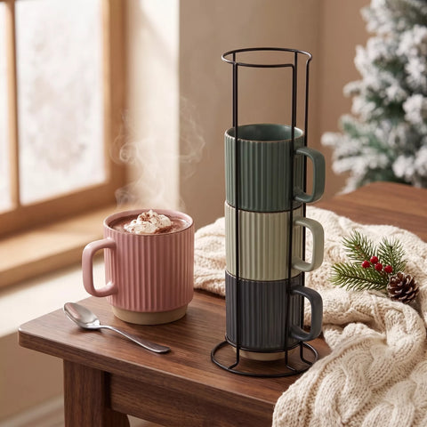 Ribbed Ceramic Mug Set with Metal Stand – 4 Pieces