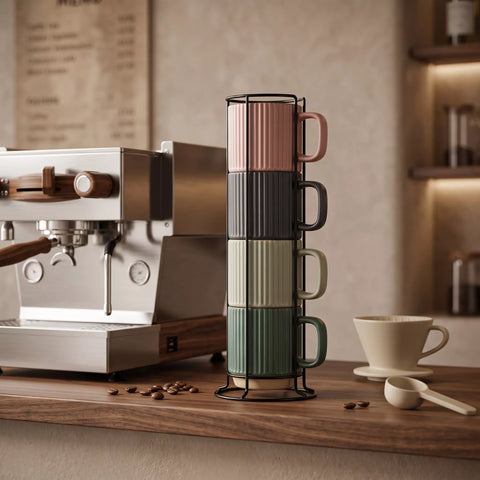 Ribbed Ceramic Mug Set with Metal Stand – 4 Pieces