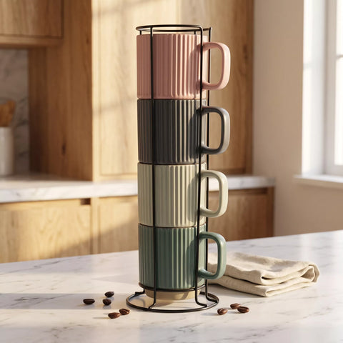 Ribbed Ceramic Mug Set with Metal Stand – 4 Pieces