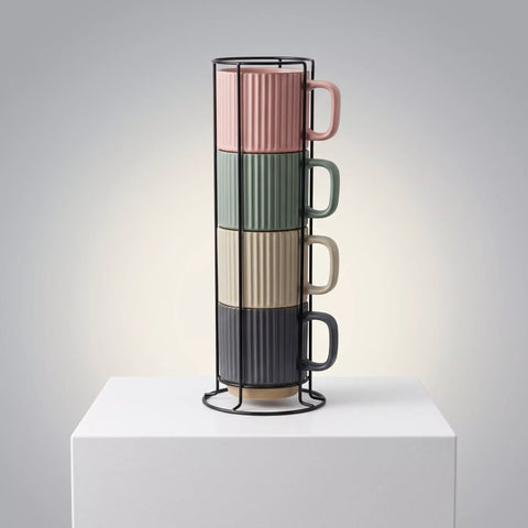 Ribbed Ceramic Mug Set with Metal Stand – 4 Pieces