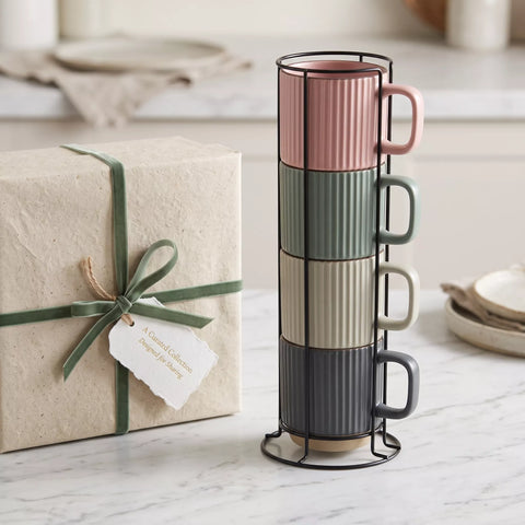 Ribbed Ceramic Mug Set with Metal Stand – 4 Pieces