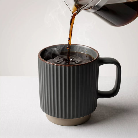 Ribbed Ceramic Mug Set with Metal Stand – 4 Pieces