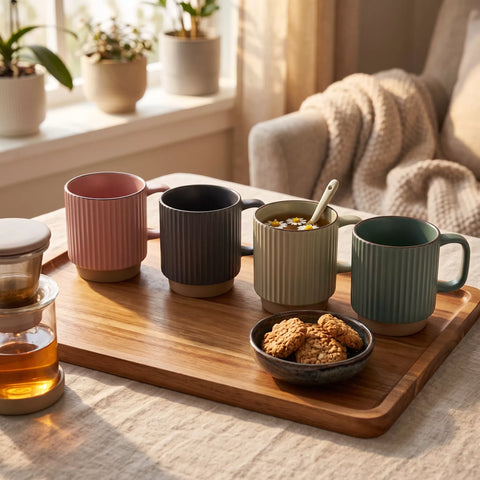 Ribbed Ceramic Mug Set with Metal Stand – 4 Pieces