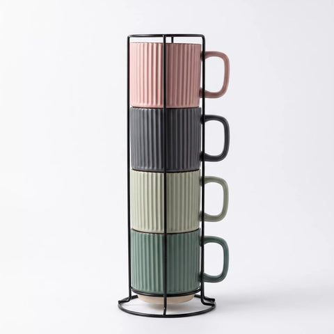 Ribbed Ceramic Mug Set with Metal Stand – 4 Pieces