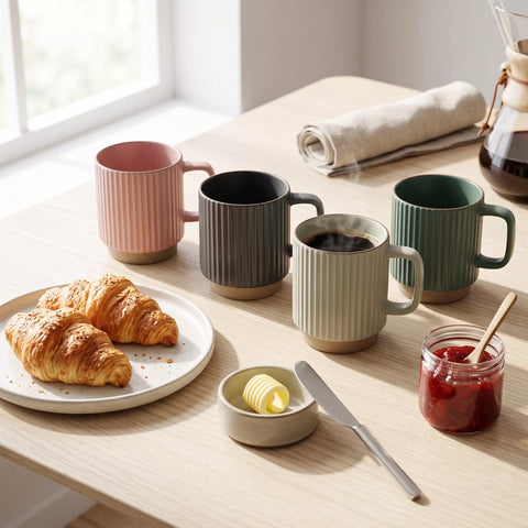 Ribbed Ceramic Mug Set with Metal Stand – 4 Pieces