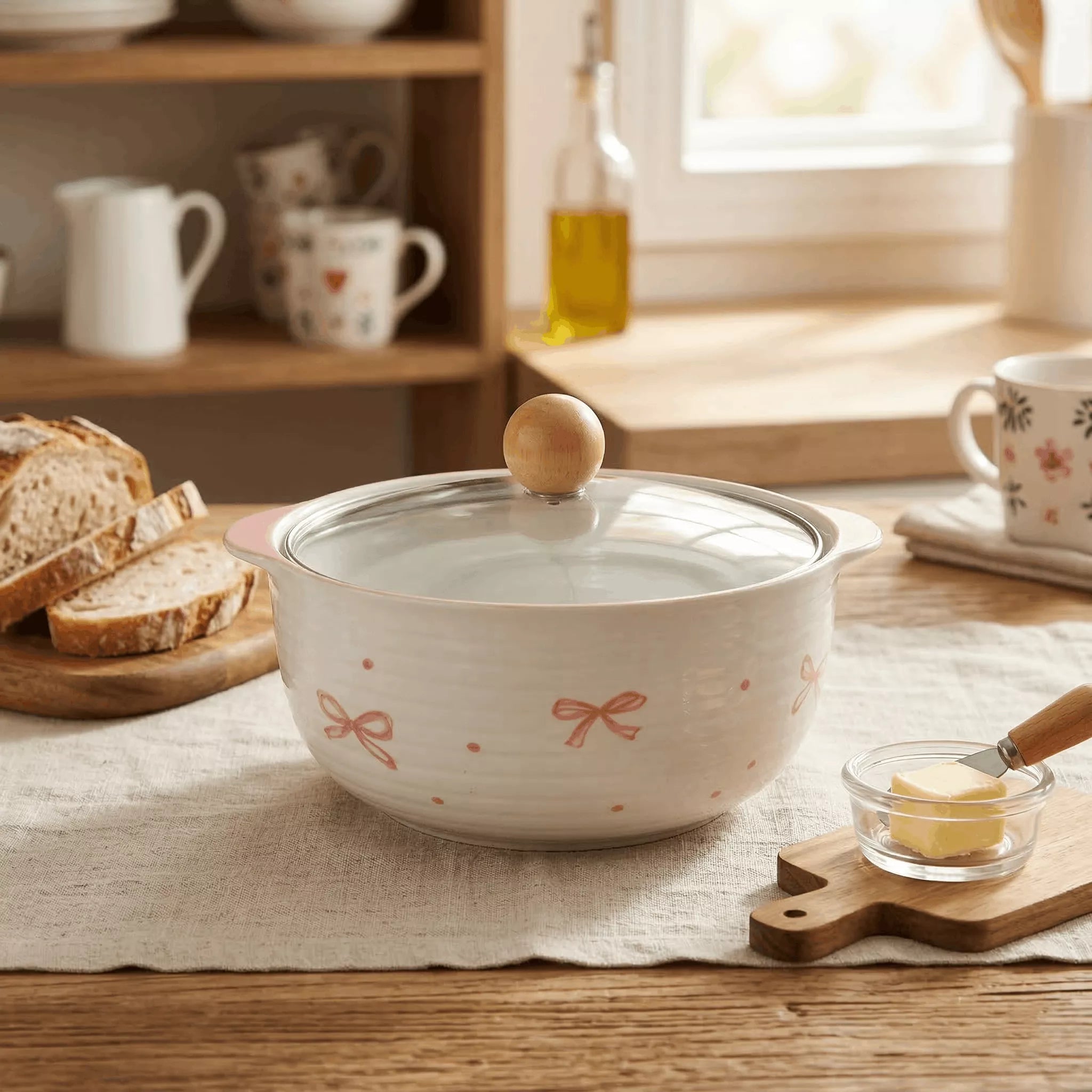 بولة نودلز سيراميك بغطاء بايركس شفاف ومقبض خشبي – Ceramic noodle bowl with Pyrex lid and wooden handle by ILVIA