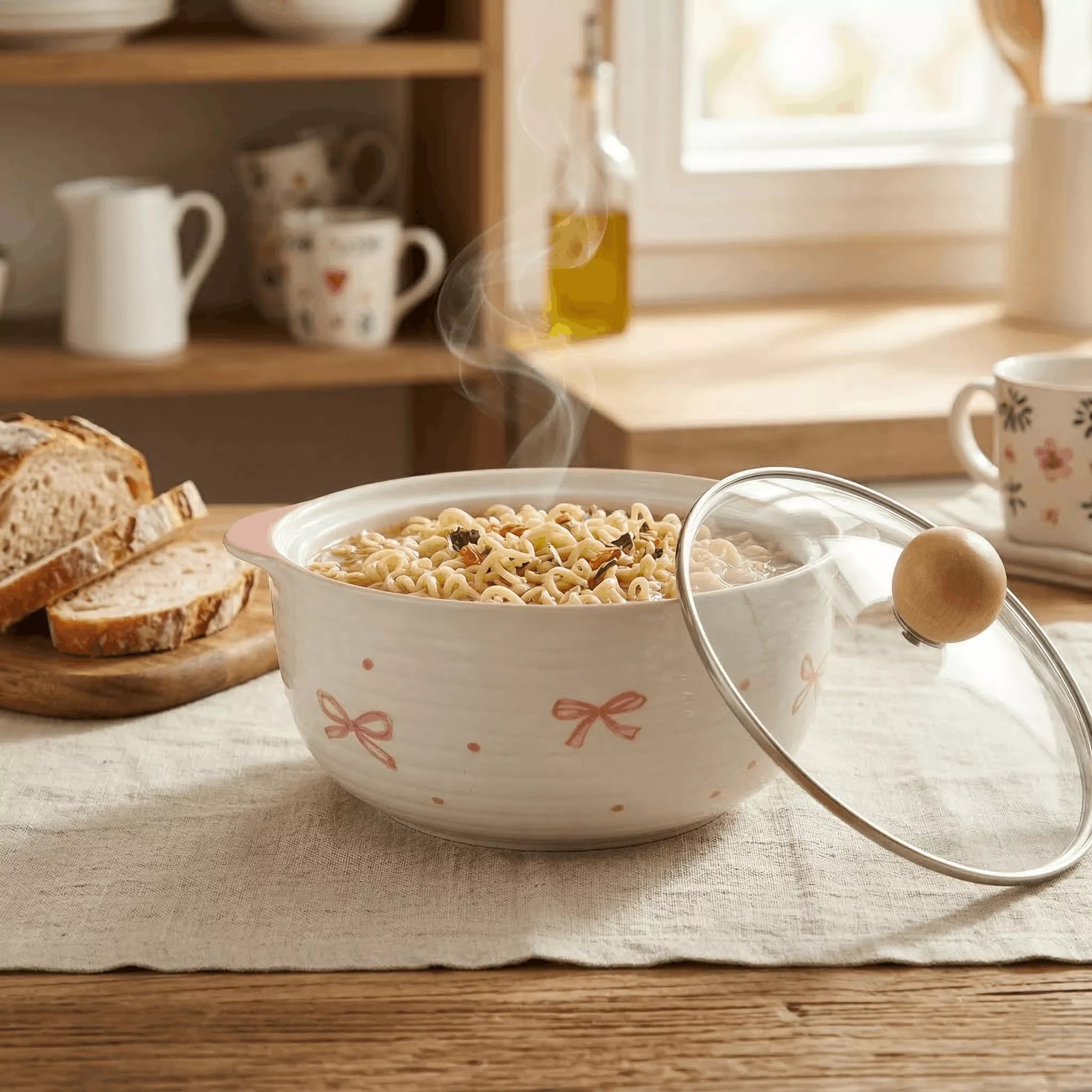 بولة نودلز سيراميك بغطاء بايركس شفاف ومقبض خشبي – Ceramic noodle bowl with Pyrex lid and wooden handle by ILVIA