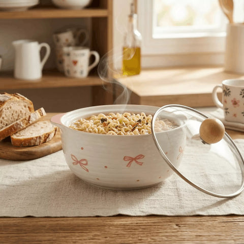 بولة نودلز سيراميك بغطاء بايركس شفاف ومقبض خشبي – Ceramic noodle bowl with Pyrex lid and wooden handle by ILVIA