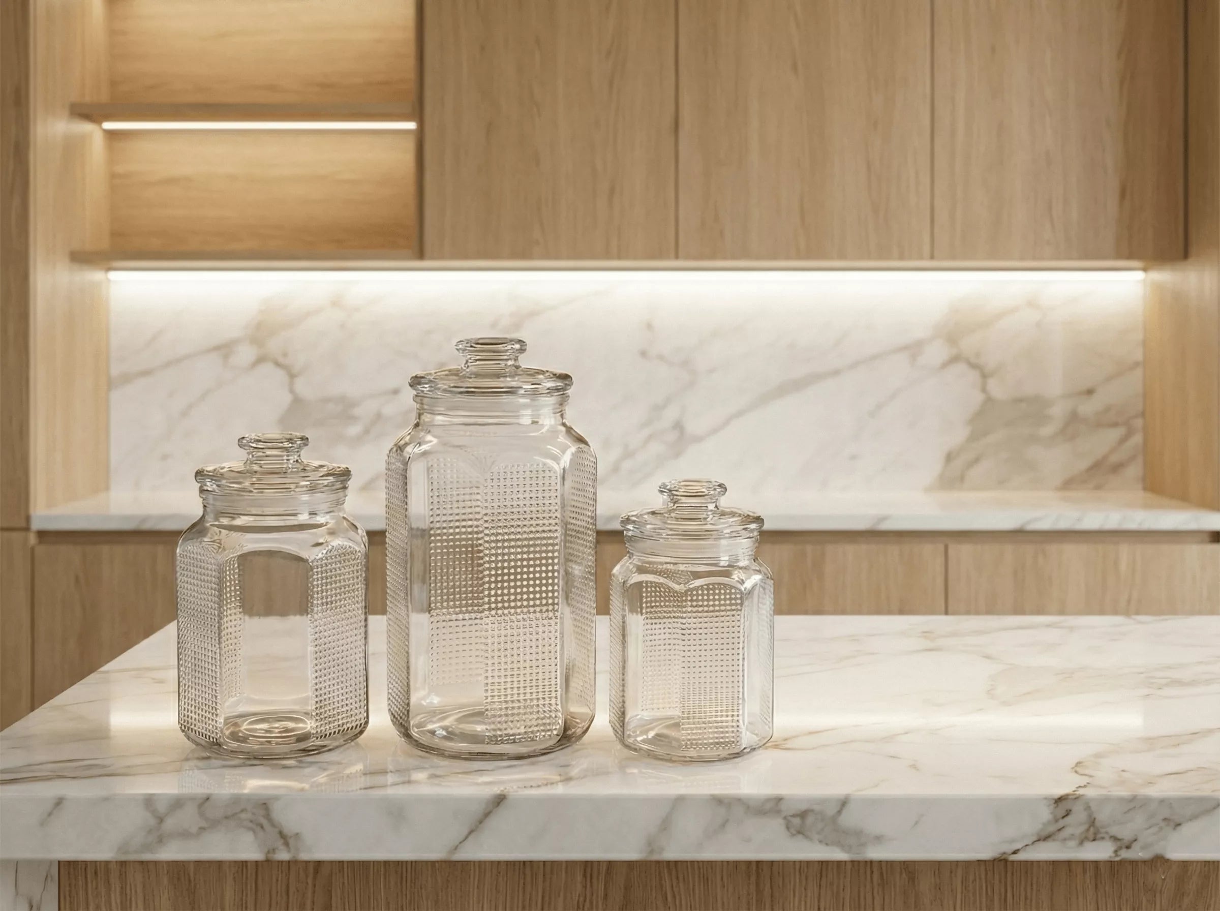 طقم برطمانات زجاج أوكتاجون مع مكرونة وبن ومكسرات – تخزين أنيق ومنظم