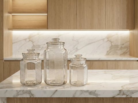 طقم برطمانات زجاج أوكتاجون مع مكرونة وبن ومكسرات – تخزين أنيق ومنظم