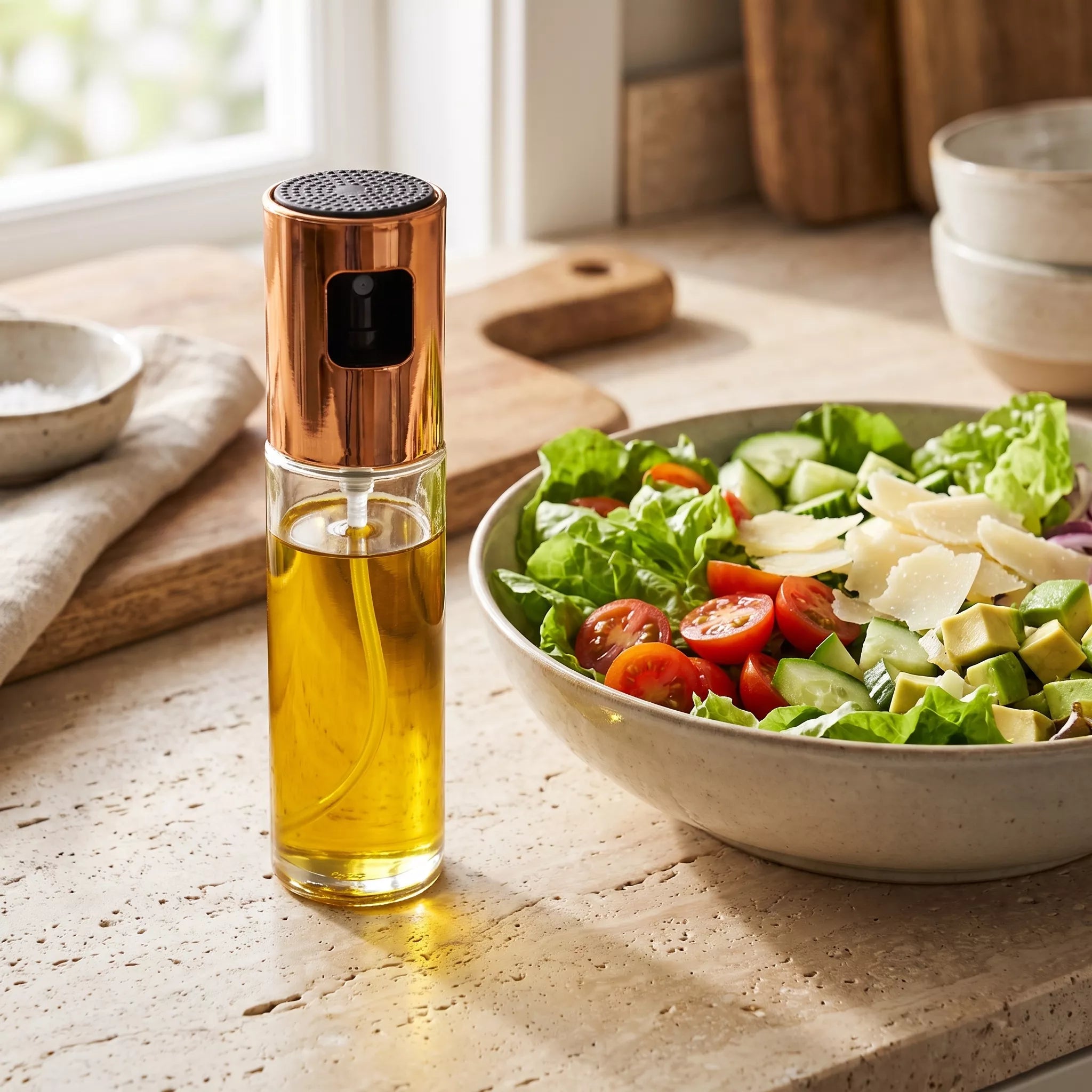A copper-finished oil dispenser with a clear glass bottle filled with golden olive oil stands on a kitchen counter beside a salad bowl containing greens, tomatoes, and cheese.
