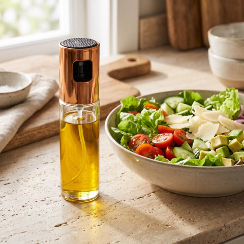 A copper-finished oil dispenser with a clear glass bottle filled with golden olive oil stands on a kitchen counter beside a salad bowl containing greens, tomatoes, and cheese.