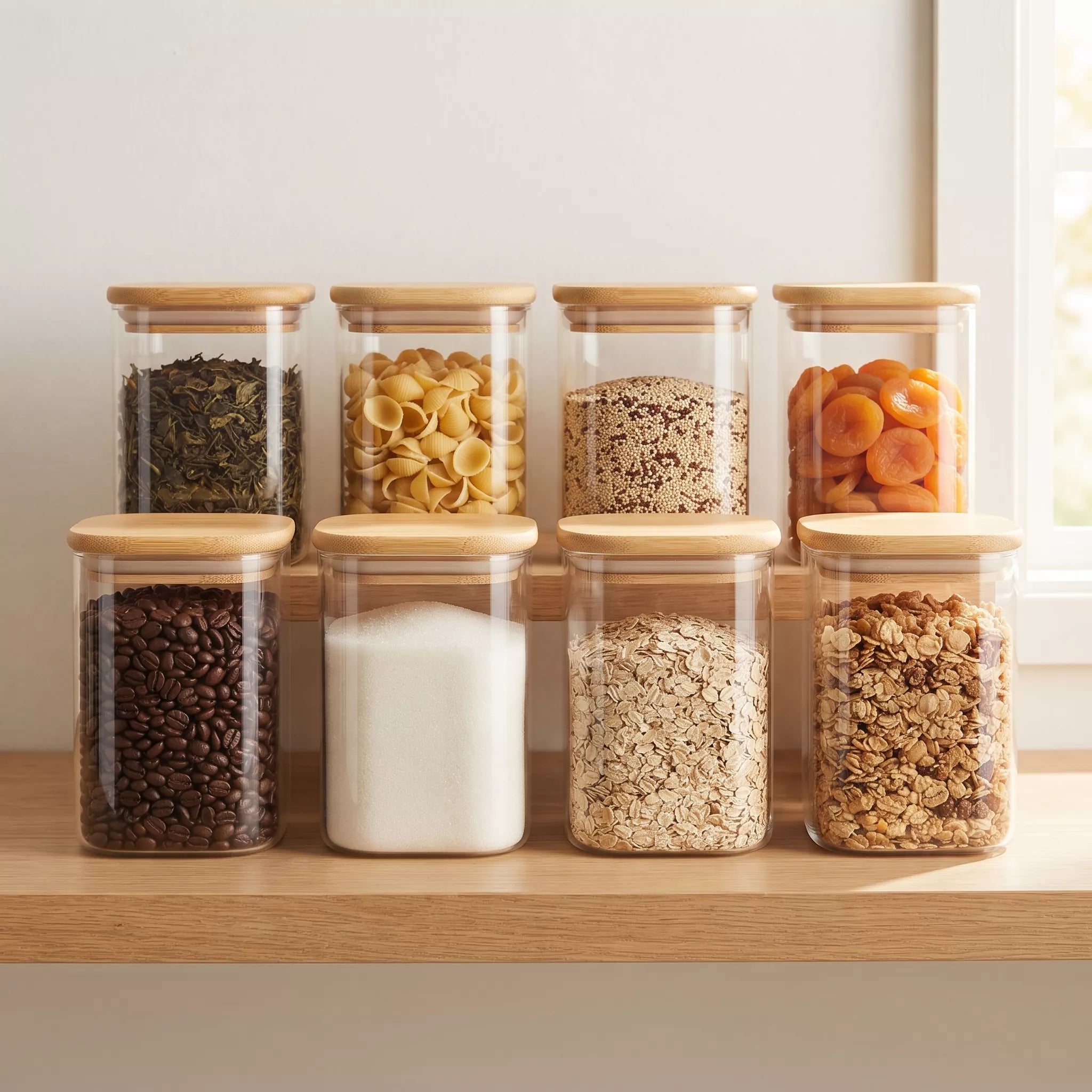 Eight clear glass canisters with light wood lids are arranged on a wooden shelf in front of a bright window. The jars contain various household staples including coffee beans, sugar, pasta, grains, and dried fruit.