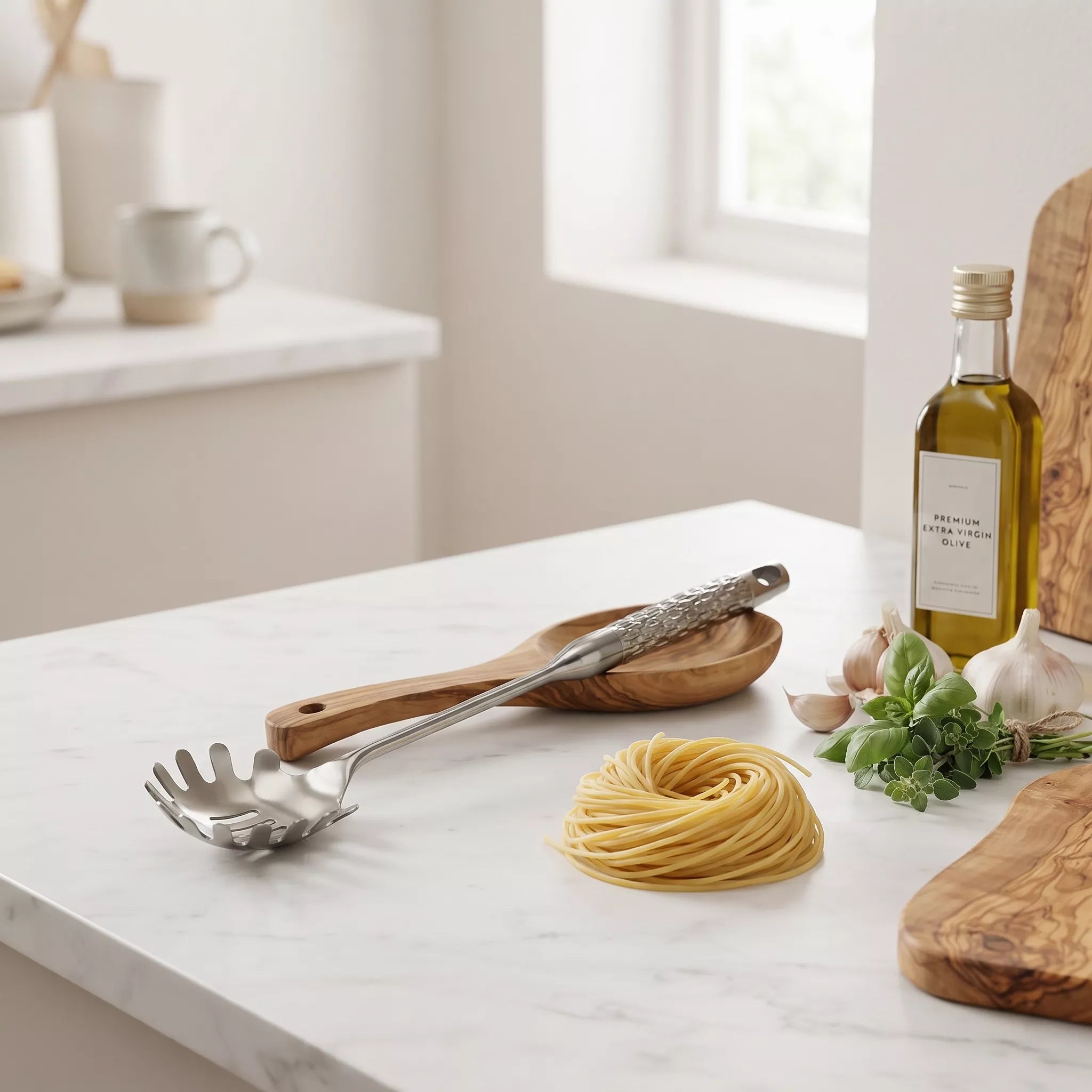 A kitchen countertop scene with a silver metal spaghetti server resting on a wooden spoon, alongside a bottle of olive oil, garlic, basil, pasta, and wooden cutting boards in a bright, modern kitchen.