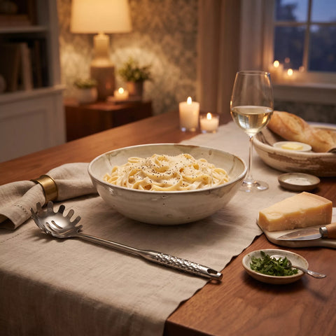 A bowl of creamy pasta with black pepper on a dining table set for two, with a glass of white wine, bread, cheese, herbs, and candles in a warm, cozy kitchen setting.