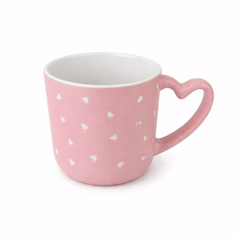 مج سيراميك وردي بنقشة قلوب ومقبض على شكل قلب – Pink ceramic mug with heart handle and heart pattern by ILVIA